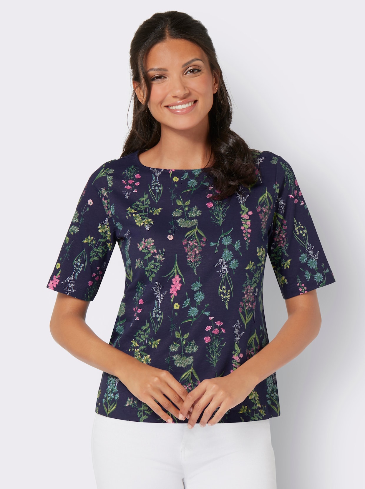 Rundhalsshirt - marine-altrosa-bedruckt