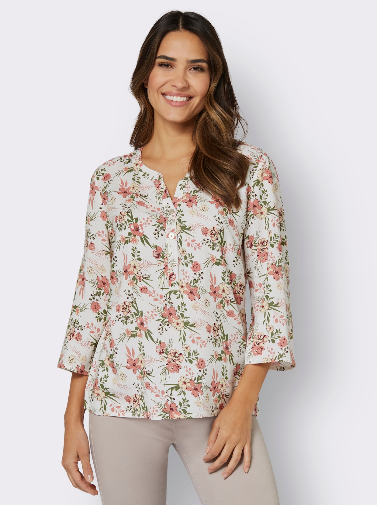 Druckbluse - ecru-khaki-bedruckt